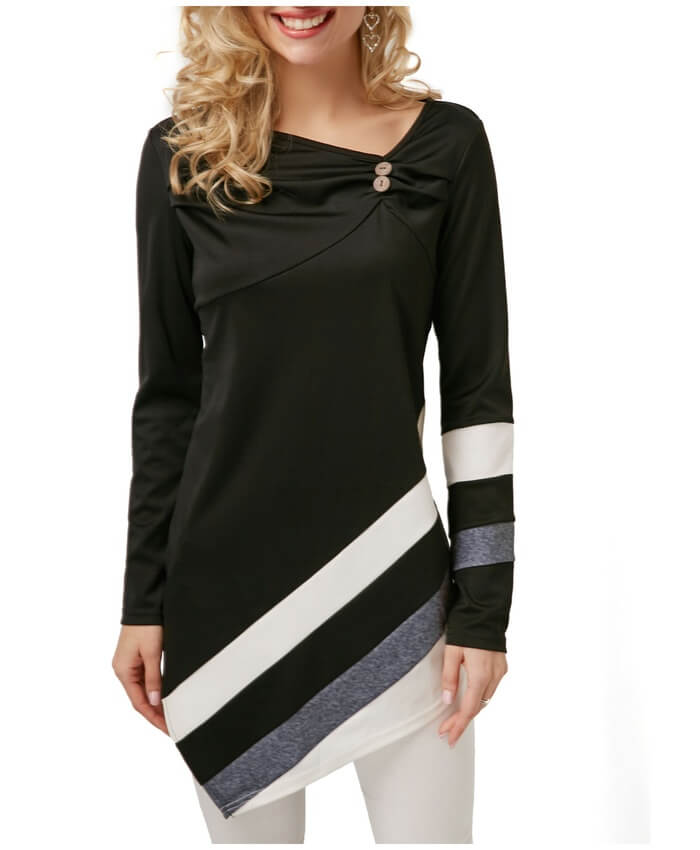 Asymmetric Hem Patchwork Long Sleeve T Shirt